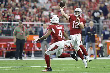 Nov 14, 2021; Glendale, Arizona, USA; Arizona Cardinals quarterback Colt McCoy (12) looks to pass the ball during the first half against the Carolina Panthers at State Farm Stadium. Mandatory Credit: Douglas DeFelice-USA TODAY Sports