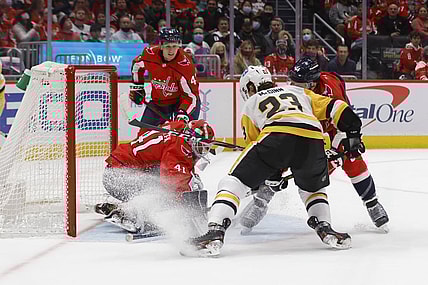 Nov 14, 2021; Washington, District of Columbia, USA; Washington Capitals goaltender Vitek Vanecek (41) makes a save on Pittsburgh Penguins left wing Brock McGinn (23) during the second period at Capital One Arena. Mandatory Credit: Geoff Burke-USA TODAY Sports