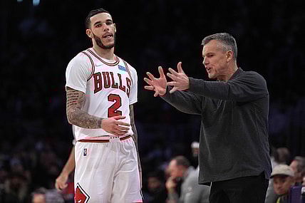 Nov 15, 2021; Los Angeles, California, USA; Chicago Bulls guard Lonzo Ball (2) and coach Billy Donovan react  in the second half against the Los Angeles Lakers at Staples Center. The Bulls defeated the Lakers 121-103.  Mandatory Credit: Kirby Lee-USA TODAY Sports