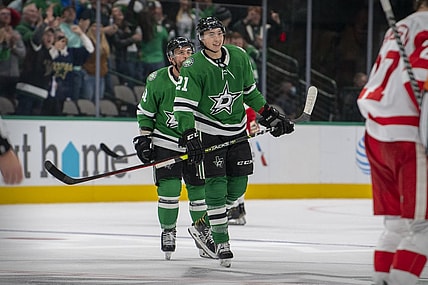Nov 16, 2021; Dallas, Texas, USA; Dallas Stars left wing Jason Robertson (21) skates off the ice after he scores an empty net goal against the Detroit Red Wings during the third period at the American Airlines Center. Mandatory Credit: Jerome Miron-USA TODAY Sports