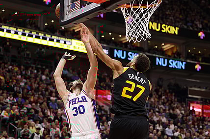 Nov 16, 2021; Salt Lake City, Utah, USA;  Utah Jazz center Rudy Gobert (27) blocks the shot of Philadelphia 76ers guard Furkan Korkmaz (30) during the second quarter at Vivint Arena. Mandatory Credit: Chris Nicoll-USA TODAY Sports