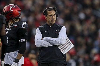 Nov 20, 2021; Cincinnati, Ohio, USA; Cincinnati Bearcats head coach Luke Fickell during the first half against the Southern Methodist Mustangs at Nippert Stadium. Mandatory Credit: Katie Stratman-USA TODAY Sports