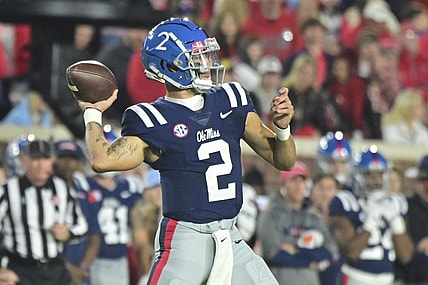 Nov 20, 2021; Oxford, Mississippi, USA; Mississippi Rebels quarterback Matt Corral (2) makes a pass against the Vanderbilt Commodores during the first quarter at Vaught-Hemingway Stadium. Mandatory Credit: Matt Bush-USA TODAY Sports