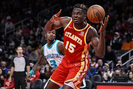 Nov 20, 2021; Atlanta, Georgia, USA; Atlanta Hawks center Clint Capela (15) controls a rebound against the Charlotte Hornets during the second half at State Farm Arena. Mandatory Credit: Dale Zanine-USA TODAY Sports