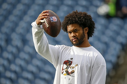 Nov 21, 2021; Seattle, Washington, USA; Arizona Cardinals quarterback Kyler Murray (1) plays catch during pregame warmups against the Seattle Seahawks at Lumen Field. Mandatory Credit: Joe Nicholson-USA TODAY Sports
