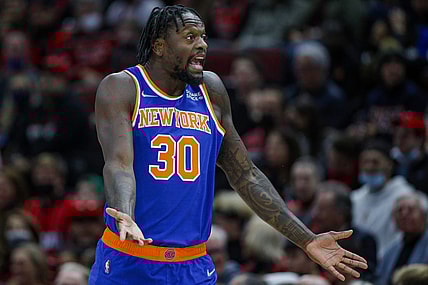 Nov 21, 2021; Chicago, Illinois, USA; New York Knicks forward Julius Randle (30) reacts after being called for a foul against the Chicago Bulls during the first quarter at United Center. Mandatory Credit: Jon Durr-USA TODAY Sports