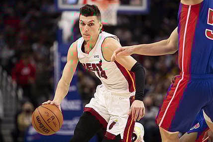Nov 23, 2021; Detroit, Michigan, USA; Miami Heat guard Tyler Herro (14) dribbles the ball during the second quarter against the Detroit Pistons at Little Caesars Arena. Mandatory Credit: Raj Mehta-USA TODAY Sports