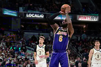 Nov 24, 2021; Indianapolis, Indiana, USA; Los Angeles Lakers forward LeBron James (6) shoots the ball in the second half against the Indiana Pacers at Gainbridge Fieldhouse. Mandatory Credit: Trevor Ruszkowski-USA TODAY Sports