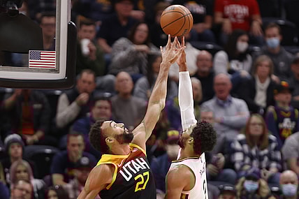 Nov 26, 2021; Salt Lake City, Utah, USA; Utah Jazz center Rudy Gobert (27) goes for the block on New Orleans Pelicans guard Josh Hart (3) in the first quarter at Vivint Arena. Mandatory Credit: Jeffrey Swinger-USA TODAY Sports