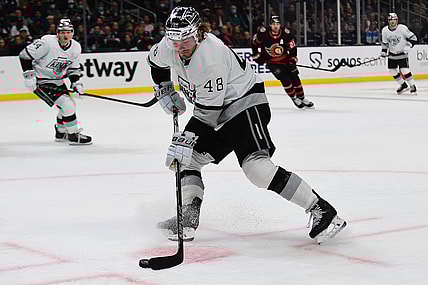 Nov 27, 2021; Los Angeles, California, USA; Los Angeles Kings left wing Brendan Lemieux (48) shoots on goal against the Ottawa Senators during the second period at Staples Center. Mandatory Credit: Gary A. Vasquez-USA TODAY Sports