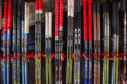 Mar 27, 2019; Calgary, Alberta, CAN; A general view of Calgary Flames hockey sticks during warm ups prior to the game against the Dallas Stars at Scotiabank Saddledome. Mandatory Credit: Sergei Belski-USA TODAY Sports