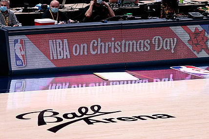 Dec 25, 2020; Denver, Colorado, USA; NBA on Christmas Day is displayed across the sideboards in the first quarter of the game between the Denver Nuggets and the Los Angeles Clippers at Ball Arena. Mandatory Credit: Isaiah J. Downing-USA TODAY Sports