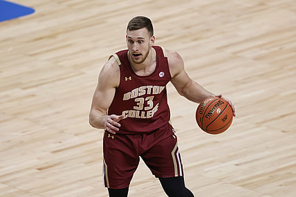 Mar 9, 2021; Greensboro, North Carolina, USA; Boston College Eagles forward James Karnik (33) runs the offense against the Duke Blue Devils in the first round of the 2021 ACC men's basketball tournament at Greensboro Coliseum. Mandatory Credit: Nell Redmond-USA TODAY Sports