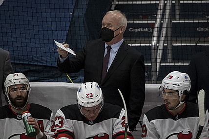Mar 25, 2021; Washington, District of Columbia, USA; New Jersey Devils head coach Lindy Ruff looks on during the first period of the game against the Washington Capitals at Capital One Arena. Mandatory Credit: Scott Taetsch-USA TODAY Sports