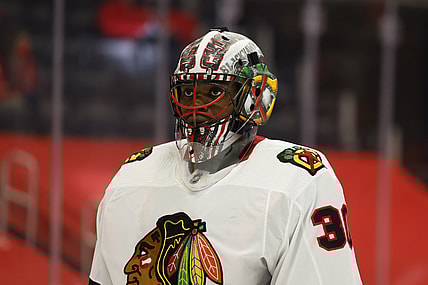 Apr 17, 2021; Detroit, Michigan, USA; Chicago Blackhawks goaltender Malcolm Subban (30) during the second period against the Detroit Red Wings at Little Caesars Arena. Mandatory Credit: Rick Osentoski-USA TODAY Sports