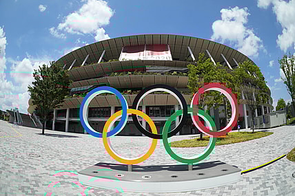 Jul 29, 2021; Tokyo, Japan; A general overall view of the Olympic rings outside of New National Stadium, the venue for track and field and opening and closing ceremonies during the Tokyo 2020 Olympic Summer Games. Mandatory Credit: Kirby Lee-USA TODAY Sports