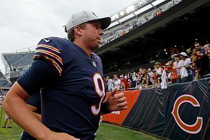 Aug 21, 2021; Chicago, Illinois, USA; Chicago Bears quarterback Nick Foles (9) walks off the field after the game against the Buffalo Bills at Soldier Field. Mandatory Credit: Jon Durr-USA TODAY Sports