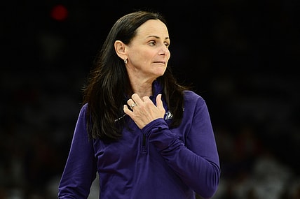 Oct 10, 2021; Phoenix, Arizona, USA; Phoenix Mercury head coach Sandy Brondello looks on against the Chicago Sky during the first half of game one of the 2021 WNBA Finals at Footprint Center. Mandatory Credit: Joe Camporeale-USA TODAY Sports