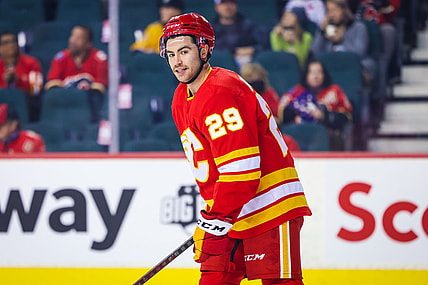 Nov 2, 2021; Calgary, Alberta, CAN; Calgary Flames center Dillon Dube (29) against the Nashville Predators during the first period at Scotiabank Saddledome. Mandatory Credit: Sergei Belski-USA TODAY Sports