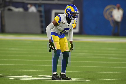 Nov 7, 2021; Inglewood, California, USA; Los Angeles Rams cornerback Jalen Ramsey (5) during the game against the Tennessee Titans at SoFi Stadium. The Titans defeated the Rams 28-16. Mandatory Credit: Kirby Lee-USA TODAY Sports