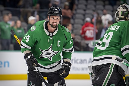 Nov 16, 2021; Dallas, Texas, USA; Dallas Stars left wing Jamie Benn (14) skates off the ice after the the win over the Detroit Red Wings at the American Airlines Center. Mandatory Credit: Jerome Miron-USA TODAY Sports
