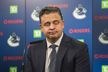 Nov 17, 2021; Vancouver, British Columbia, CAN; Vancouver Canucks head coach Travis Green addresses the media in the post game press conference after the Canucks suffered their fifth straight loss after a game against the Colorado Avalanche at Rogers Arena. Colorado won 4-2. Mandatory Credit: Bob Frid-USA TODAY Sports