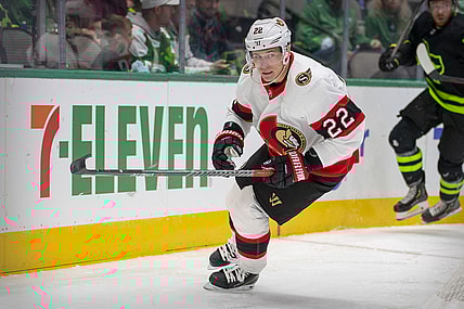 Oct 29, 2021; Dallas, Texas, USA; Ottawa Senators defenseman Nikita Zaitsev (22) in action during the game between the Dallas Stars and the Ottawa Senators at the American Airlines Center. Mandatory Credit: Jerome Miron-USA TODAY Sports