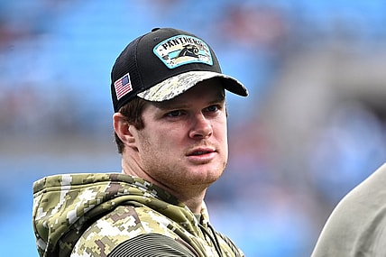 Nov 21, 2021; Charlotte, North Carolina, USA; Carolina Panthers quarterback Sam Darnold (14) before the game at Bank of America Stadium. Mandatory Credit: Bob Donnan-USA TODAY Sports