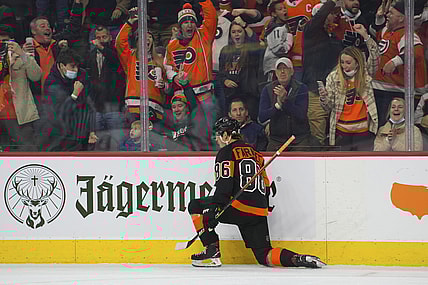 Nov 26, 2021; Philadelphia, Pennsylvania, USA; Philadelphia Flyers left wing Joel Farabee (86) reacts after scoring a goal against the Carolina Hurricanes in the first period at the Wells Fargo Center. Mandatory Credit: Mitchell Leff-USA TODAY Sports
