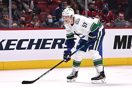 Nov 29, 2021; Montreal, Quebec, CAN; Vancouver Canucks defenseman Tyler Myers (57) during a first period face-off against Montreal Canadiens at Bell Centre. Mandatory Credit: Jean-Yves Ahern-USA TODAY Sports