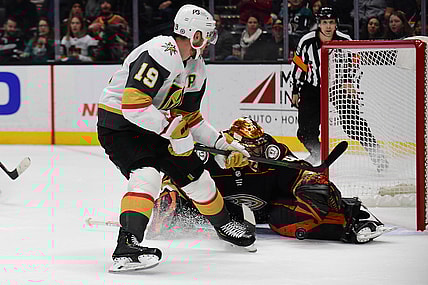 December 1, 2021; Anaheim, California, USA; Anaheim Ducks goaltender Anthony Stolarz (41) blocks a shot against Vegas Golden Knights right wing Reilly Smith (19) during the first period at Honda Center. Mandatory Credit: Gary A. Vasquez-USA TODAY Sports