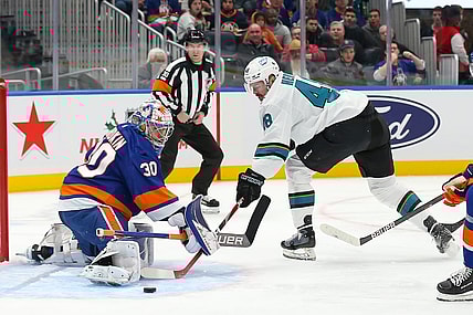 Dec 2, 2021; Elmont, New York, USA; New York Islanders goaltender Ilya Sorokin (30) makes a save against San Jose Sharks center Tomas Hertl (48) during the first period at UBS Arena. Mandatory Credit: Tom Horak-USA TODAY Sports