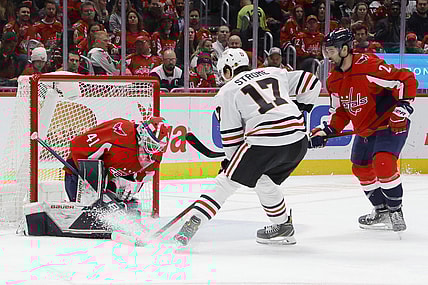 Dec 2, 2021; Washington, District of Columbia, USA; Washington Capitals goaltender Vitek Vanecek (41) makes a save on Chicago Blackhawks center Dylan Strome (17) during the second period at Capital One Arena. Mandatory Credit: Geoff Burke-USA TODAY Sports