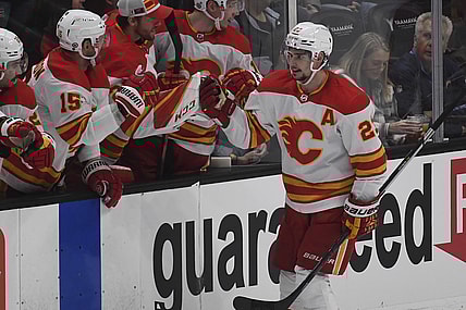 Dec 3, 2021; Anaheim, California, USA;  Calgary Flames forward Sean Monahan (23) celebrates his goal against Anaheim Ducks goaltender John Gibson (36) (not pictured) during the second period at Honda Center. Mandatory Credit: Richard Mackson-USA TODAY Sports