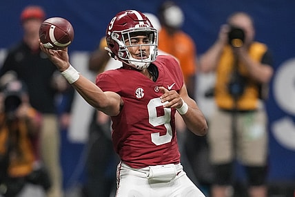 Dec 4, 2021; Atlanta, GA, USA; Alabama Crimson Tide quarterback Bryce Young (9) passes against the Georgia Bulldogs during the second half at Mercedes-Benz Stadium. Mandatory Credit: Dale Zanine-USA TODAY Sports