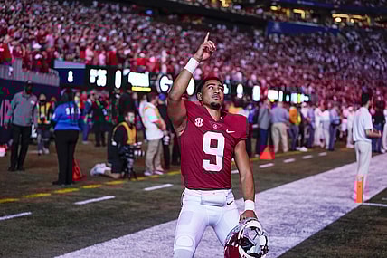 Dec 4, 2021; Atlanta, GA, USA; Alabama Crimson Tide quarterback Bryce Young (9) gestures prior to the game against the Georgia Bulldogs at Mercedes-Benz Stadium. Mandatory Credit: Dale Zanine-USA TODAY Sports