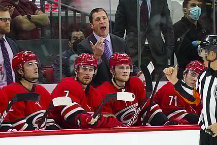 Dec 4, 2021; Raleigh, North Carolina, USA;  Carolina Hurricanes head coach Rod Brind   Amour reacts during the second period against the Buffalo Sabres at PNC Arena. Mandatory Credit: James Guillory-USA TODAY Sports