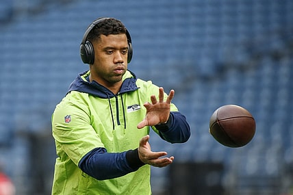 Dec 5, 2021; Seattle, Washington, USA; Seattle Seahawks quarterback Russell Wilson (3) participates in early pregame warmups against the San Francisco 49ers at Lumen Field. Mandatory Credit: Joe Nicholson-USA TODAY Sports
