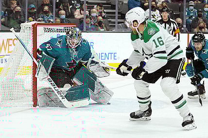 Dec 11, 2021; San Jose, California, USA; San Jose Sharks goaltender James Reimer (47) defends a shot by Dallas Stars center Joe Pavelski (16) during the first period at SAP Center at San Jose. Mandatory Credit: Darren Yamashita-USA TODAY Sports