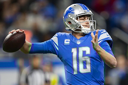 Dec 19, 2021; Detroit, Michigan, USA; Detroit Lions quarterback Jared Goff (16) passes the ball during the first quarter against the Arizona Cardinals at Ford Field. Mandatory Credit: Raj Mehta-USA TODAY Sports