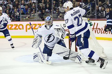 Dec 16, 2018; Winnipeg, Manitoba, CAN; Tampa Bay Lightning goalie Andrei Vasilevskiy (88) makes a save against the Winnipeg Jets during the second period at Bell MTS Place. Mandatory Credit: Terrence Lee-USA TODAY Sports