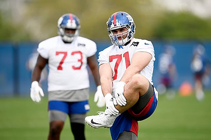 May 4, 2019; East Rutherford, NJ, USA; Offensive tackle Drew Desjarlais (71) stretches during New York Giants rookie minicamp at Quest Diagnostics Training Center. Mandatory Credit: Sarah Stier-USA TODAY Sports
