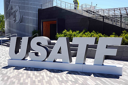 Jun 17, 2021; Eugene, Oregon, USA; The USATF letters logo outside of Hayward Field, the site of the 2021 US Olympic Team Trials.  Mandatory Credit: Kirby Lee-USA TODAY Sports