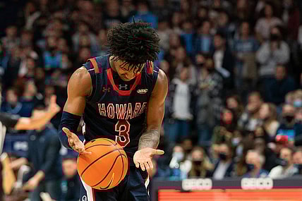 Nov 16, 2021; Villanova, Pennsylvania, USA; Howard Bison guard Elijah Hawkins (3) reacts after a foul against the Villanova Wildcats during the second half at William B. Finneran Pavilion. Mandatory Credit: Bill Streicher-USA TODAY Sports