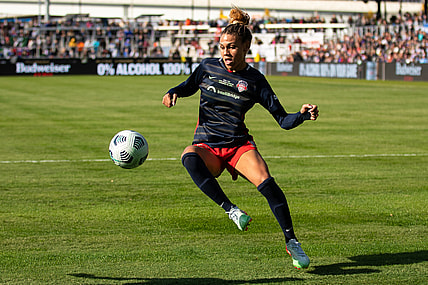 Nov 20, 2021; Louisville, Kentucky, USA; Washington Spirit forward Trinity Rodman (2) plays on the ball during the NWSL Championship match against the Chicago Red Stars at Lynn Family Stadium. Mandatory Credit: Jordan Prather-USA TODAY Sports