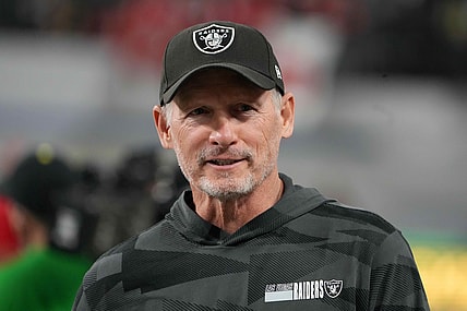 Dec 3, 2021; Las Vegas, NV, USA; Las Vegas Raiders general manager Mike Mayock reacts during the 2021 Pac-12 Championship Game at Allegiant Stadium. Mandatory Credit: Kirby Lee-USA TODAY Sports