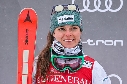 Dec 4, 2021; Lake Louise, Alberta, CAN; Breezy Johnson of the United States takes the podium during women's downhill race at the Lake Louise Audi FIS alpine skiing World Cup at Lake Louise. Mandatory Credit: Sergei Belski-USA TODAY Sports