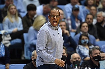 Dec 14, 2021; Chapel Hill, North Carolina, USA;  North Carolina Tar Heels head coach Hubert Davis reacts in the first half at Dean E. Smith Center. Mandatory Credit: Bob Donnan-USA TODAY Sports