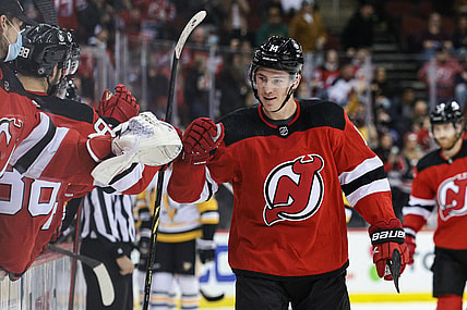 Dec 19, 2021; Newark, New Jersey, USA; New Jersey Devils right wing Nathan Bastian (14) celebrates his goal with teammates during the third period against the Pittsburgh Penguins at Prudential Center. Mandatory Credit: Vincent Carchietta-USA TODAY Sports