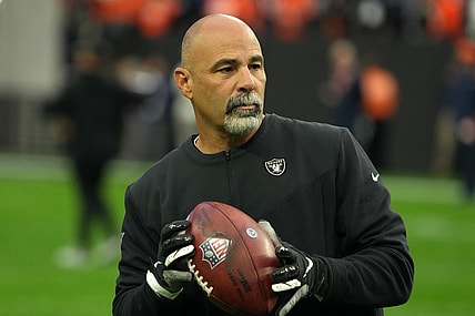 Dec 26, 2021; Paradise, Nevada, USA; Las Vegas Raiders interim coach Rich Bisaccia reacts during the game against the Denver Broncos Allegiant Stadium. Mandatory Credit: Kirby Lee-USA TODAY Sports